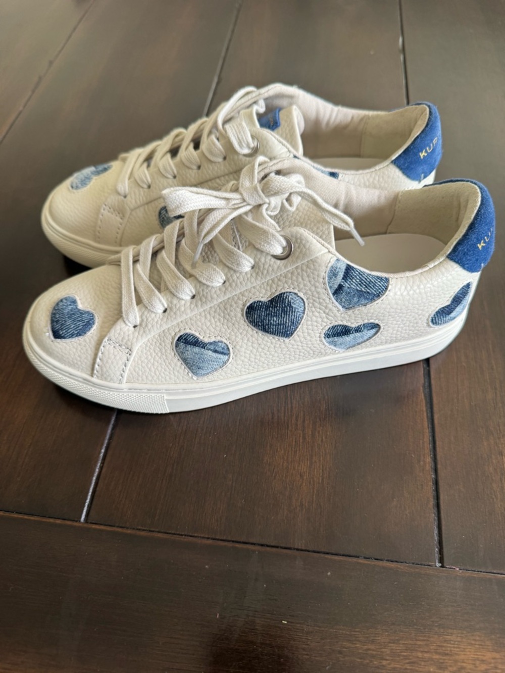 Kurt Geiger White Sneakers with Blue Heart Patches - Picture 3 of 4